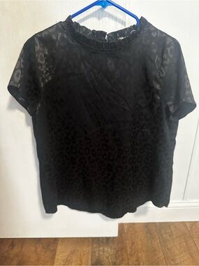 Savanna Jane Black Satin Leopard-Print Short Sleeve Blouse
